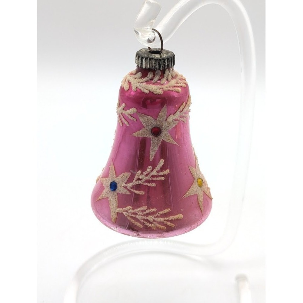 Vintage West Germany Blown Mercury Glass Bell Ornament 2.5" Mica Star Rhinestone
